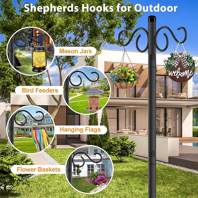 NUERPO Adjustable Shepherd Hooks for Outdoor,1 Pack 110 Inch 5 Prong Base Bird Two Sided Feeder Poles,Heavy Duty Shepherds Hook,Suitable for Garden in Hanging Flower Basket,Lantern,Bird Nests
