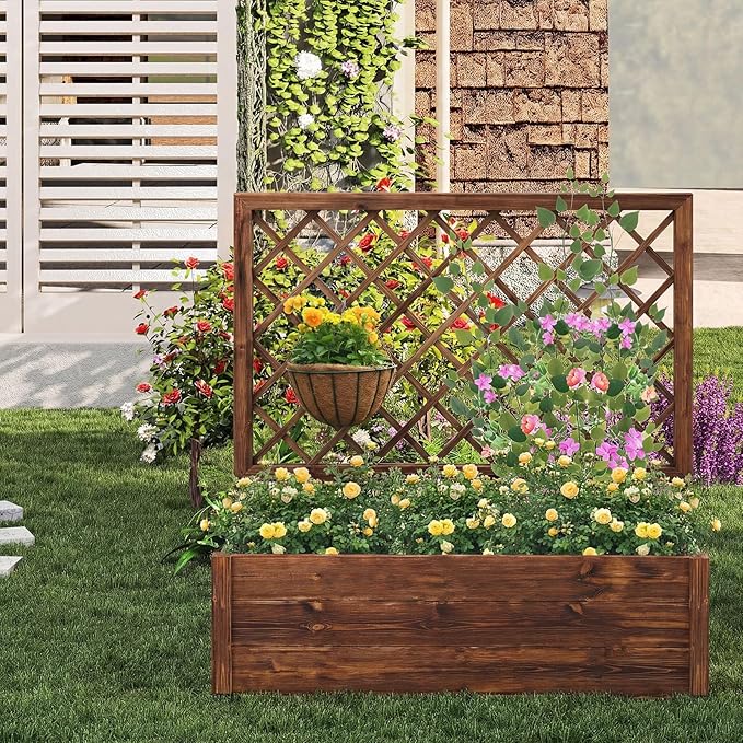 Giantex Raised Garden Bed with Trellis, 39”x14”x40” Wood Elevated Planter Box w/Drainage Hole for Climbing Vine Flower Herb Vegetable Fruit, Planting Container for Indoor Outdoor Patio Balcony
