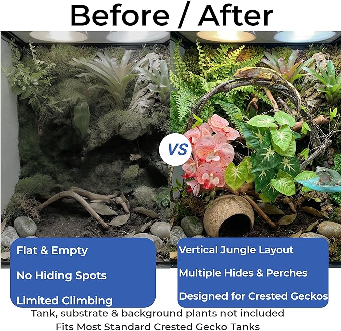 Crested Gecko Terrarium Decor Kit - 5PCS Rainforest Tank Accessories with Coconut Hide, Climbing Vines, Leaf Platform & Artificial Plants - Habitat Enrichment for Humidity & Hiding(Pink)
