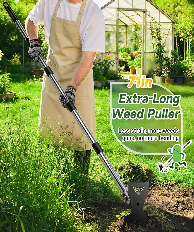 71in Weed Puller Tool with Long Handle, 2 in 1 Adjustable Manual Weeders for Uprooting, Heavy Duty Hand Weed Rake and Garden Hoe with Gloves for Gardens, Lawns, Yards