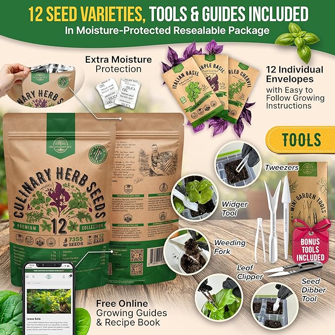 Organo Republic 12 Culinary Herbs Seeds Variety Pack - 7,355+ Heirloom, Non-GMO, Herbs Seeds for Outdoor and Indoor Home Gardening, Including Basil, Cilantro, Chives, Dill, Parsley, Sage