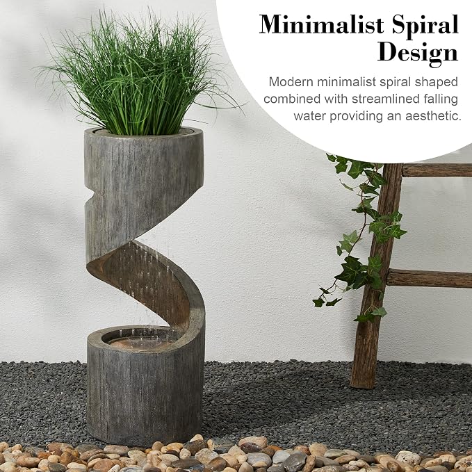 Glitzhome Outdoor Water Fountain with LED Light, Spiral Outdoor Fountain Waterfall with Stone Planter, Modern Curved Freestanding Fountain Water Feature for Garden Patio Backyard, 31.3" H