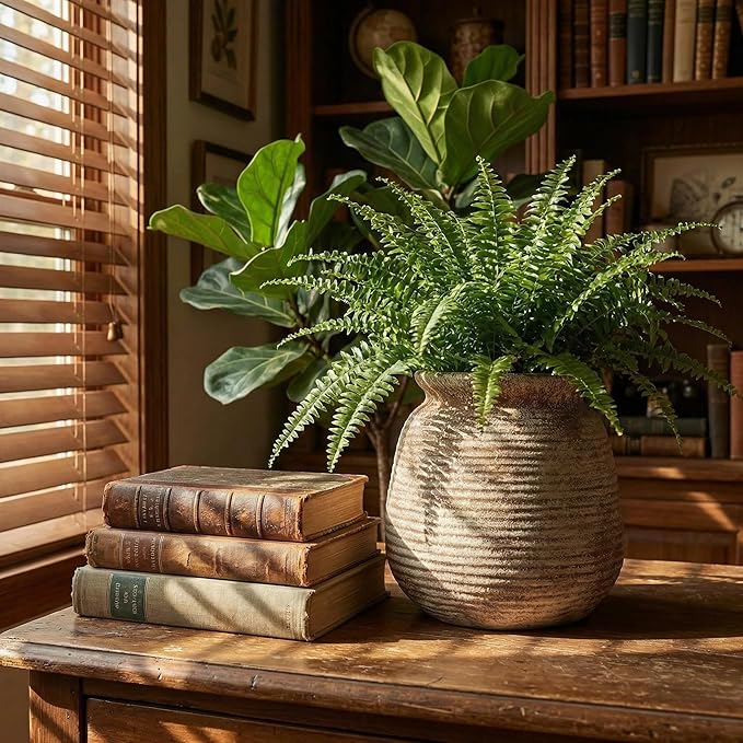 Rustic Terracotta Pot, 7 Inch Short Farmhouse Vase with Weathered Texture, Boho Home Decor for Pampas Grass, Tabletop, Mantel and Shelf Styling