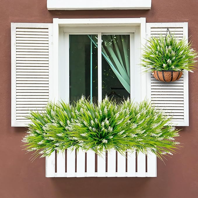 Sggvecsy 24 Bundles Artificial Plants Outdoor Faux Lavender Flowers Fake Monkey Grass UV Resistant Plastic Greenery Plants for Garden Home Porch Window Patio Hanging Planter Indoor Decor (White)