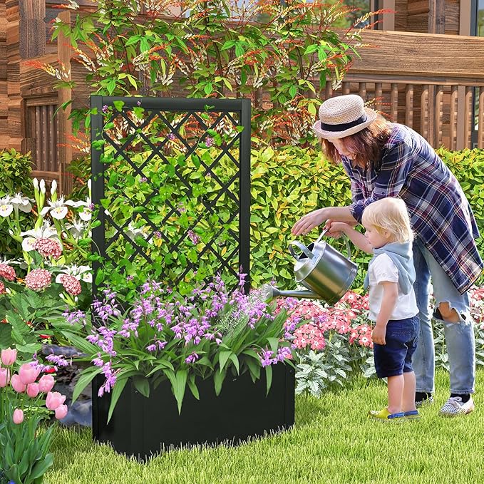 HAPPYGRILL Raised Garden Bed with Trellis, 44” Metal Elevated Garden Box for Climbing Plants Vine, Outdoor Planter Box for Yard, Garden, Balcony
