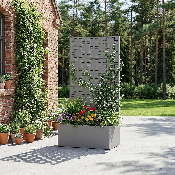 Casaphoria Metal Raised Garden Bed with Trellis, 59"x30"x12" Planter Box for Climbing Plants, Vegetables & Vines, Features Drainage Holes and Privacy Screen, Grey-Square