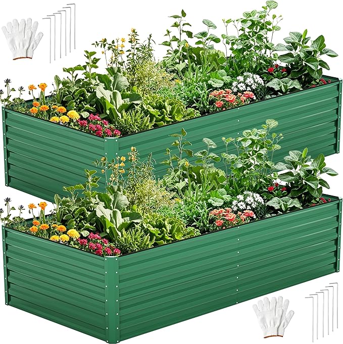 DWVO 2pcs 8 x 4 x 2 FT Raised Garden Bed Kit, Outdoor Galvanized Flower Bed with Safety Rubber and Gloves, Large Metal Planter Box for Vegetables, Flowers, Herbs, Fruits, Green