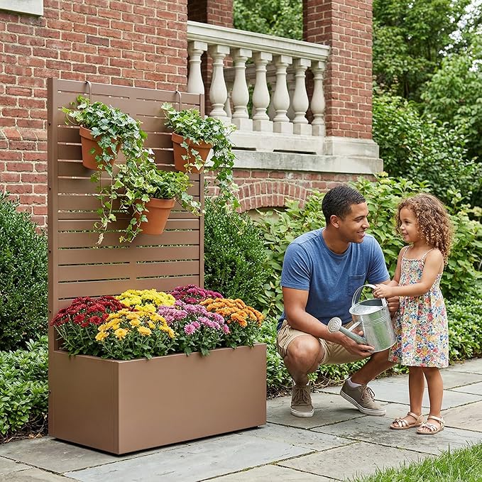 Casaphoria Metal Raised Garden Bed with Trellis, 59"x30"x12" Planter Box for Climbing Plants, Vegetables & Vines, Features Drainage Holes and Privacy Screen (Black-Louvered)