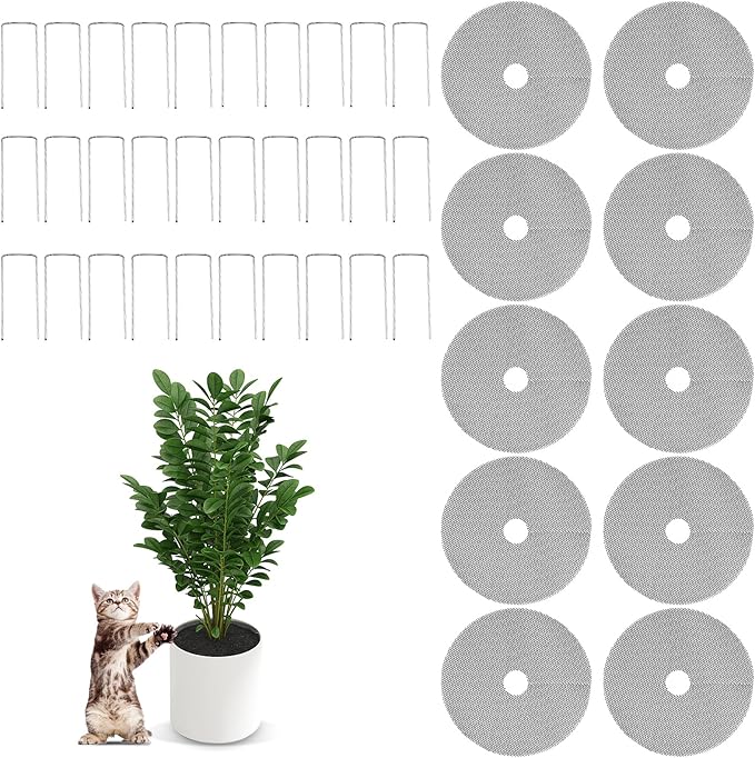 Supkiir 10 Pcs Plant Pot Grid Soil Protector Covers, 12 Inch Plant Pot Cover with 30 Metal Stakes, Black Thickened Cut-able Flower Soil Cover to Protect Soil from Animals for Indoor Outdoor Plants