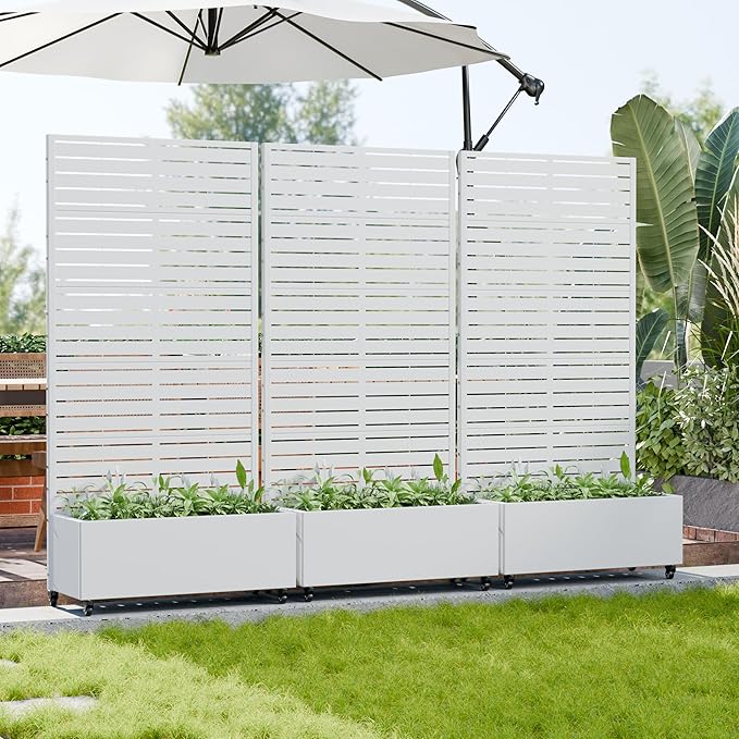 Casaphoria Metal Raised Garden Bed with Trellis and Wheels, 72"x35"x16" Planter Box for Climbing Plants, Vegetables & Vines, Features Drainage Holes and Privacy Screen (White-Louvered)