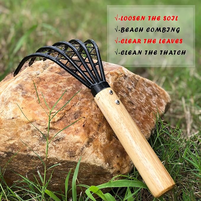 SHANFEEK Garden Rake 5-Claw Landscape Dethatcher Thatching Beach Combing Rake for Digging Clam Shell Defoliation Hoe Garden Tool for Loosen The Soil (Brown)