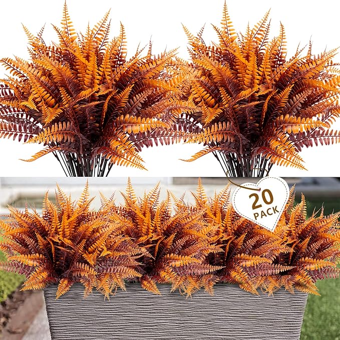 20 Pcs Artificial Boston Fern Plants Bushes Outdoors Fake Fall Greenery Flowers UV Resistant Faux Plastic Fall Fern Shrubs for Outside Window Box Planter Front Porch Patio Arrangement Décor