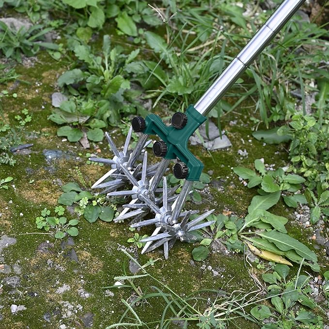 BARAYSTUS Rotary Cultivator Garden Rotary Tiller Adjustable Stainless Steel Poles Hand Tiller for Soil Mixing or Reseeding Grass Lawn Tiller Total Length 57 Inch