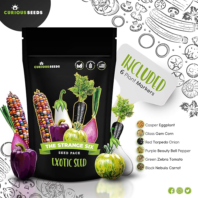 Exotic Vegetable Seeds Variety Pack - 6 Curious Garden Varieties to Grow, Non GMO, Open Pollinated, Heirloom, and Untreated for Planting, Unique Gardening Gift for Indoors and Outdoors