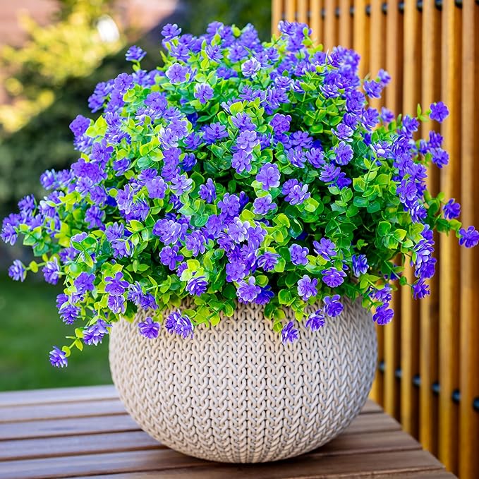 Artificial Flowers for Outdoors Fake Plants - 12 Bundles Faux Outside Greenery Boxwood No Fade Plastic Shrubs Fall Decor Farmhouse Home Garden (Purple)