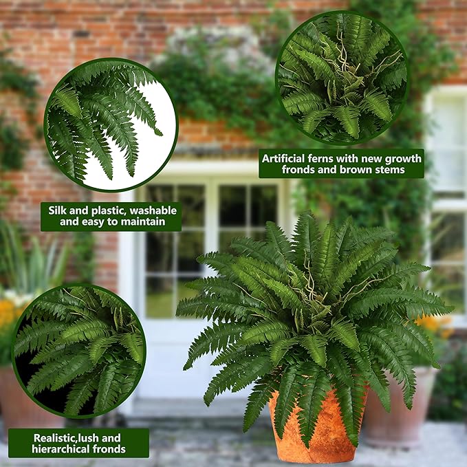 38In Artificial Boston Ferns Bush, Set of 2 Large Faux Ferns Plants, 47 Branches Fake Ferns for Home Living Room Decor, Indoor and Outdoor