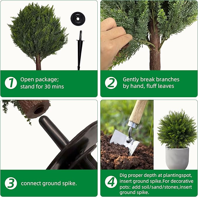 24.5 Inch (H) Artificial Cedar Topiary Ball Trees, Set of 4 Fake Shrub Bushes with Ground Spike, UV Resistant Faux Cypress Greenery Decor for Outdoor Garden, Patio, Front Porch, and Indoor Use