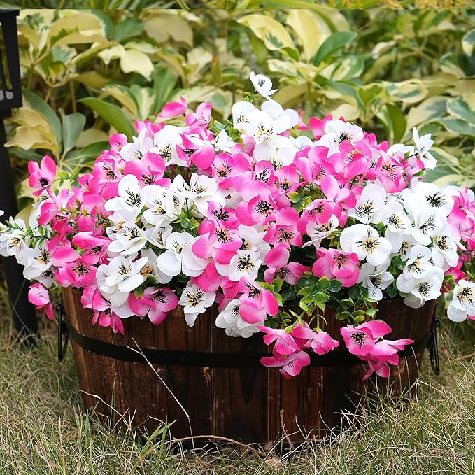 Artificial Flowers for Outdoor, UV Resistant Fake Silk Pansies Flowers, Realistic Faux Plants for Outside Indoor Porch Patio Window Box Planter Home Decor (16, White Pink)