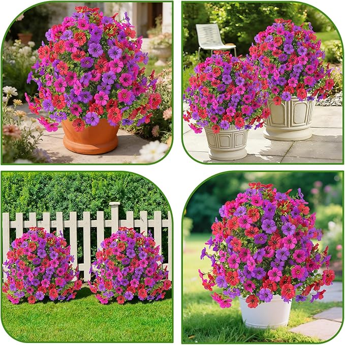 Alupssuc 2Pcs 20" Artificial Topiary Ball Flowers for Outdoors, Spring Decoration with Spike, UV Resistant Faux Summer Plants, Fake Bushes Indoor Decor, Red Rose Purple for Garden, Porch & Patio, Home