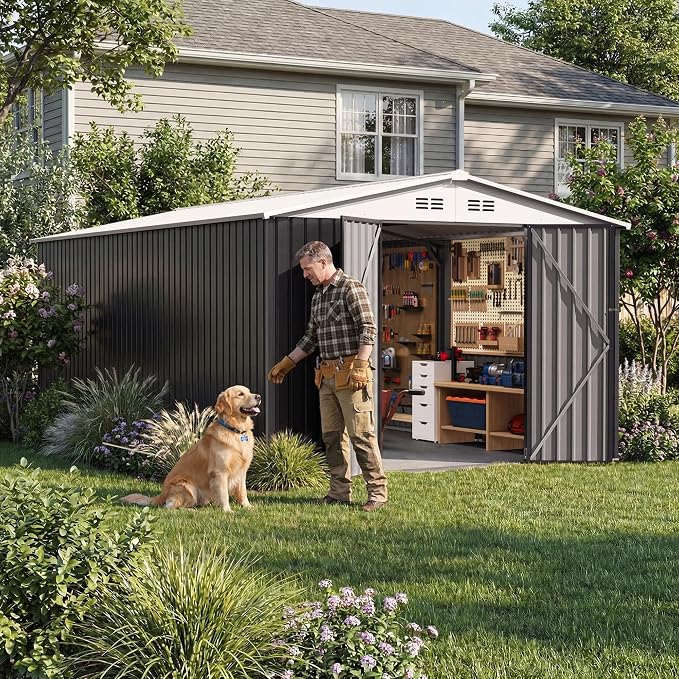 Polar Aurora 10x16 Outdoor Storage Shed, Garden Shed with Updated Frame Structure and Lockable Doors, Metal Tool Sheds for Backyard Garden Patio Lawn, White