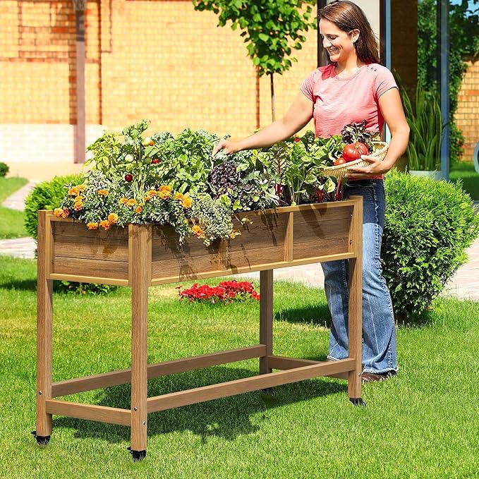 DWVO 47x18x31in Raised Garden Bed HDPE, Weather-Resistant Poly Wood Planter Box Stand, Planter Box with Legs & Lockable Wheels, Elevated Garden Bed for Backyard Patio Balcony - Brown