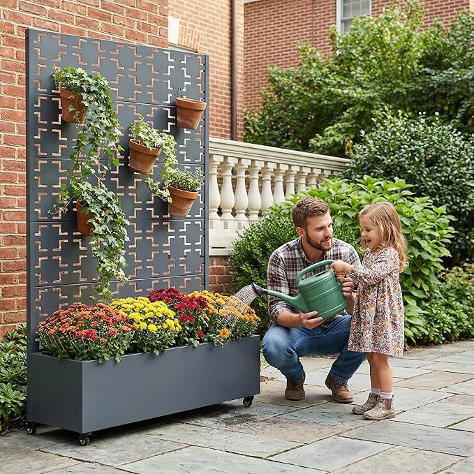 Casaphoria Metal Raised Garden Bed with Trellis and Wheels, 72"x47"x16" Arched Planter Box for Climbing Plants, Vegetables & Vines, Features Drainage Holes and Privacy Screen, Grey-Square