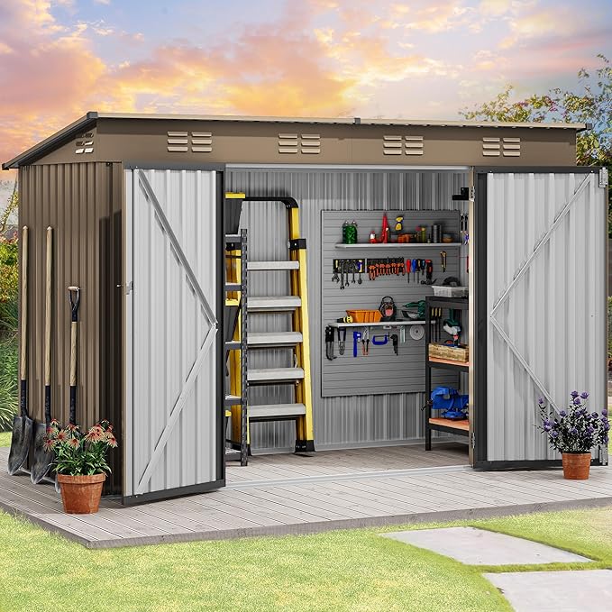 DWVO 9 x 4' Outdoor Storage Shed, Large Metal Tool Sheds, Heavy Duty Storage House with Lockable Doors & Air Vent for Backyard Patio Lawn to Store Bikes, Tools, Lawnmowers, Brown