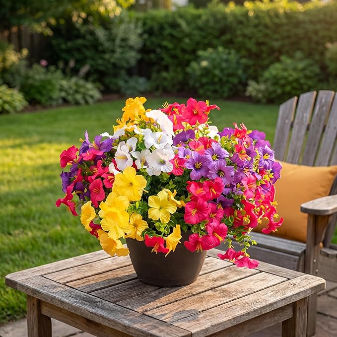 Artificial Flowers for Outdoors Fake Plants Outside Decoration, 12 Bundles Silk Petunia with Eucalyptus UV Resistant Realistic Faux Flowers for Outdoor Planters Garden Balcony (4 Color)