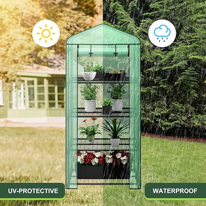 4 Tier Mini Greenhouse Indoor Outdoor with PE Cover and Roll-Up Zipper Door, Portable Waterproof Cloth Greenhouse Tent Grow Seeds & Seedlings, 2.3x1.5x5.3 FT