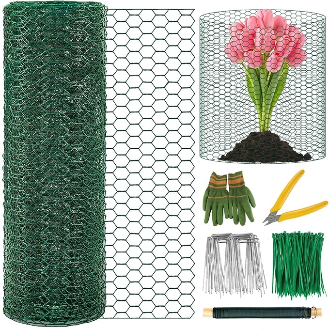 Convivium Plant Protectors from Animals, 0.8mm Free-Cut Green Chicken Wire Mesh, PVC Coated Tree Trunk Guard & Garden Fence for Outdoor Plants with Zip Ties, Stakes, Pliers, Gloves（33Ft*16In）