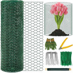 Convivium Plant Protectors from Animals, 0.8mm Free-Cut Green Chicken Wire Mesh, PVC Coated Tree Trunk Guard & Garden Fence for Outdoor Plants with Zip Ties, Stakes, Pliers, Gloves（33Ft*16In）