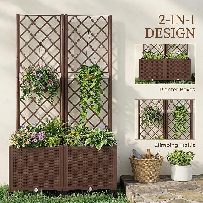Outsunny Planter Box with Trellis, Self Watering Raised Garden Bed with Lockable Wheels, Privacy Trellis Planter with Drainage Holes for Climbing Plants, Vegetables, Flowers, 56.3", Brown