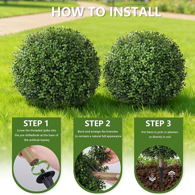 Artificial Lotus Topiary Ball Trees for Outdoor Set of 2 Fake Plant Bushes with Ground Spike UV Resistant Faux Shrubs for for Garden Front Porch, White