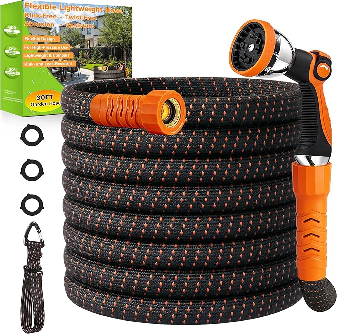 30FT Flexible Lightweight Garden Hose w/ 10Pattern Spray Nozzle,3/4 Inch,2026 Braided Elastic Garden Hose,Triple Latex Core,No-Kink,Anti-Burst,Leak-Proof,Easy Use&Storage(OrangeBlack)