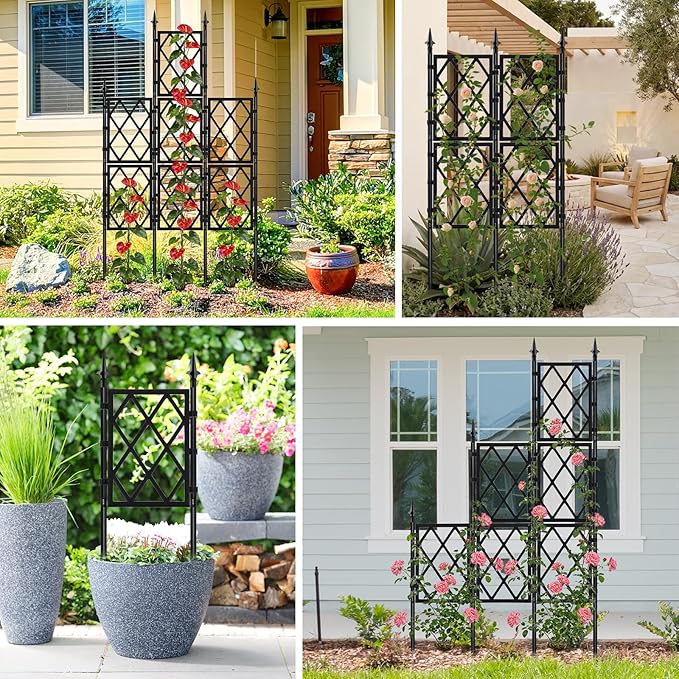 5.25FT Garden Trellis Support Fence,Metal Wall Lattice Climbing Frame for Climbing Plants Outdoor, Black Iron Pipe Fence for Potted Plants Indoor for Ivy Vines Vegetable Flower, Patio, Lawn, Yard