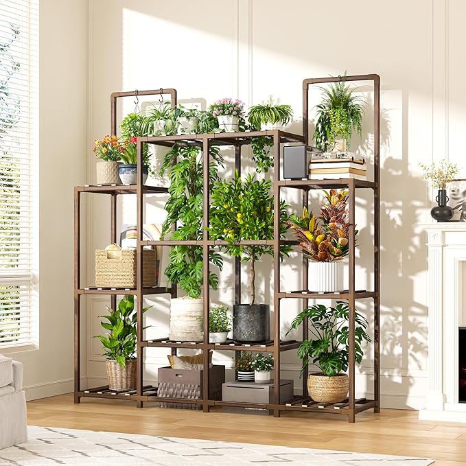 EnHomee Plant Stand Indoor Tall Plant Stand Outdoor Large Wood Plants Shelf with 12-14 Pots for Patio, Living Room, Garden, Balcony, 44.8" Wx47.2 Hx11.78 D