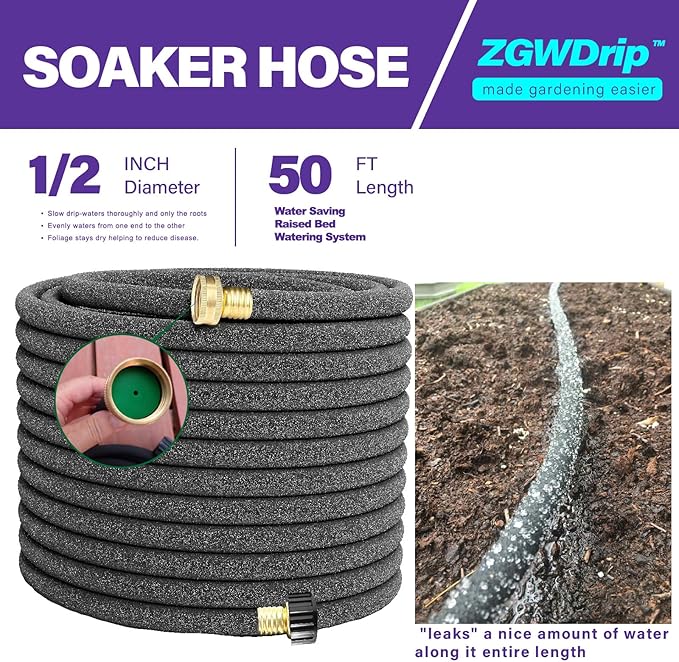 50FT 1/2" Water-Saving Soaker Hose with Solid Brass Connectors, Drip Irrigation Kit for Lawn & Yard