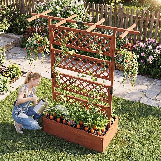 Giantex Raised Garden Bed with Trellis 2 Pack, 72'' Wooden Planter Box Outdoor w/Privacy Screen Roof, Large Vertical Garden Planter w/Drainage Holes for Climbing Plants, Patio Balcony Backyard