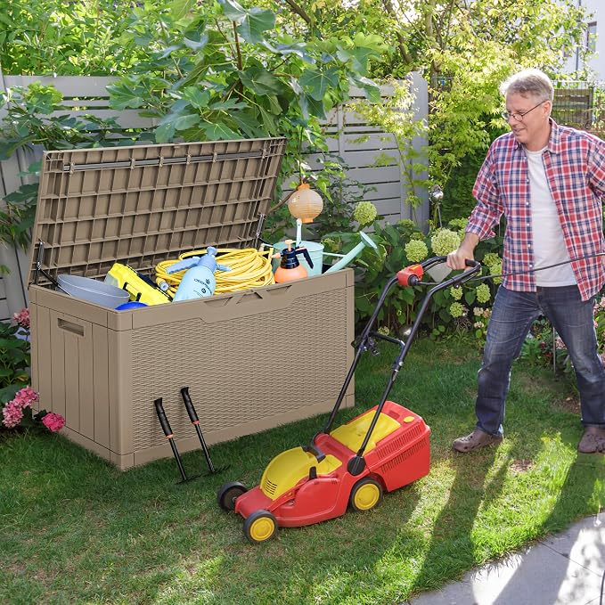 Greesum 100 Gallon Resin Deck Box Large Outdoor Storage with Cushions for Patio Furniture, Garden Tools, Pool Supplies, Weatherproof and UV Resistant, Lockable, Light Coffee