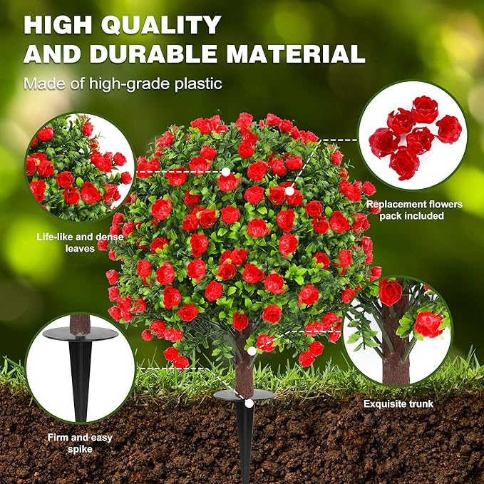 JTING' CHOISIR Set of 2 Artificial Lavender Boxwood Topiary Ball Trees with Ground Spike, 26 Inches UV Resistant Fake Plant Bushes Shrubs, for Indoor Outdoor Front Porch Garden (Rose)