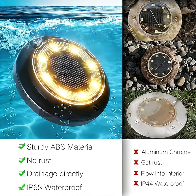 Flacchi Solar Lights Outdoor Waterproof - 2-in-1 Solar Powered Ground Lights Outdoor Solar Disk Light Landscape Light for Deck Step Patio Yard Pathway Walkway Driveway Garden (Warm White, 12 Pack)