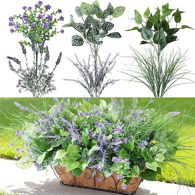 Starttag 18PCS Artificial Plants for Outdoor Decor Realistic Faux Greenery & Flowers Fake Plastic Leaves with Stems UV Resistant Outside Bushes for Garden Patio and Porch