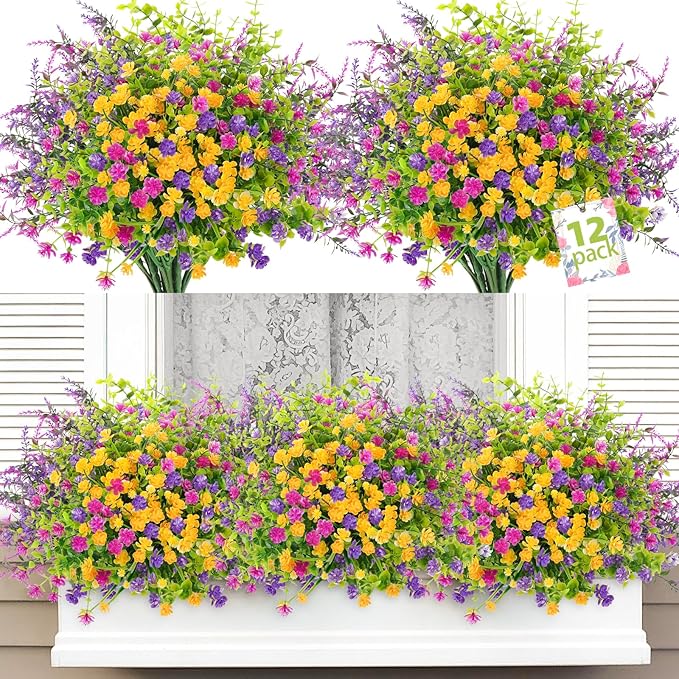 ATTGREAT Artificial Spring Flowers Outdoors UV Resistant Fake Greenery Plants Realistic Plastic Flowers Outside Faux Silk Wildflowers for Home Planter Porch Garden Decor, 12 Bundles (Multicolor)