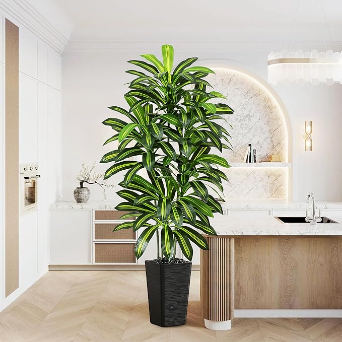 Artificial Dracaena Tree - 6FT Tall Fake Plants with Black Square Planter - Artificial Plants Indoor Floor Plant in Pot - Large Tropical Fake Yucca Potted Tree for Home Office Living Room Decor