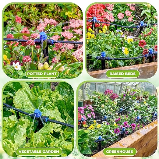 HIRALIY 40ft Push-to-Connect Drip Irrigation Kit, Adjustable Plant Watering System, for Garden Raised Bed Saving Water Automatic Irrigation Equipment with Drip Emitters, Tubing, Connectors