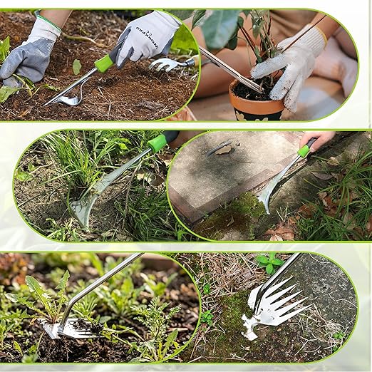 WORKPRO 3-Piece Weed Puller Tool Set – 15" 6-Tine Weed Remover, 12" Hand Weeder, 12.5" Crack Weeder, Stainless Steel with Ergonomic Handle for Lawn, Garden, Yard