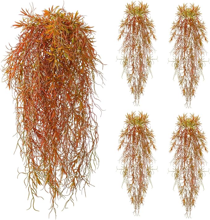 dallisten 4Pcs Autumn Fake Hanging Fern Plants for Outdoors, UV Resistant Artificial Ferns Fall Vines Faux Trailing Plants for Indoor Wall Porch Home Thanksgiving Halloween Decor(4PCS Orange Ferns)