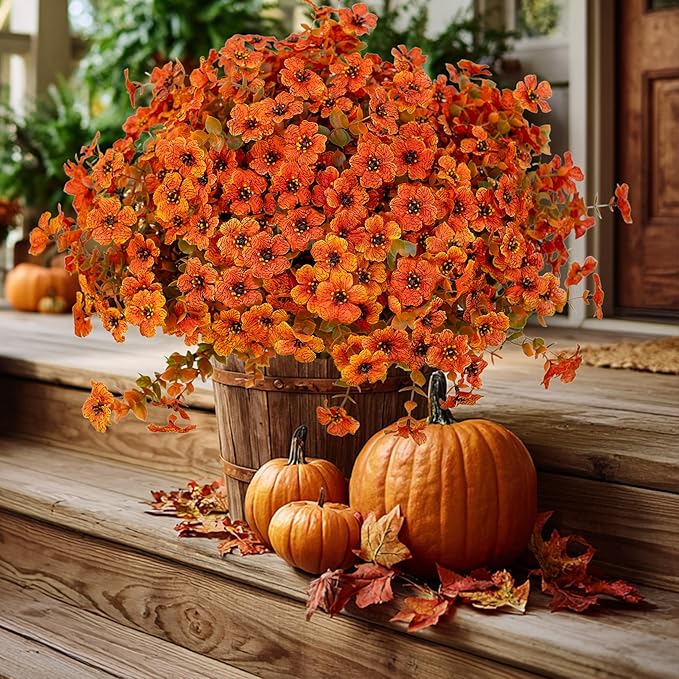 AXYLEX Artificial Fall Flowers Outdoor Fake Mums - 16 Bundles Fake Plants UV Resistant No Fade Faux Plastic Greenery Garden Porch Patio Fall Home Decor (Orangegreen)