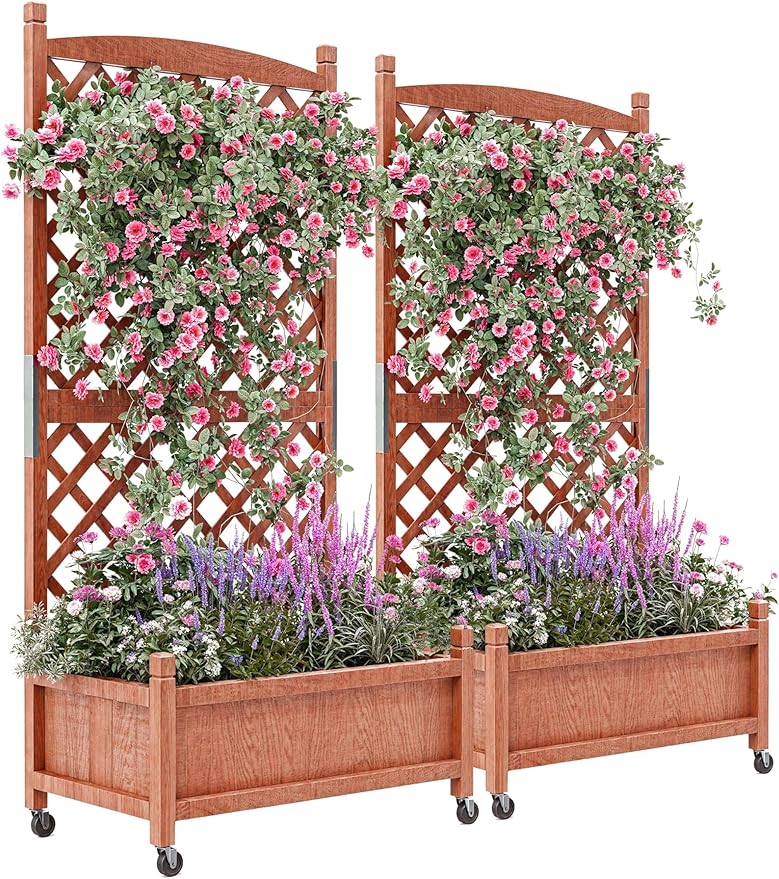 2PCS Wood Planter Box with Diamond Lattice Trellis, Raised Garden Bed with Trellis & Wheels, Privacy Planters for Patio, Planter Box with Drainage Holes for Climbing Plants, Flower, 61"x 26"x 30"