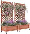 2PCS Wood Planter Box with Diamond Lattice Trellis, Raised Garden Bed with Trellis & Wheels, Privacy Planters for Patio, Planter Box with Drainage Holes for Climbing Plants, Flower, 61"x 26"x 30"